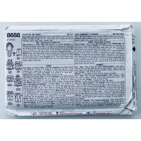 Simplicity 8688 22" Doll & 22" Doll Clothes Sewing Pattern Sz 22" UNCUT - Picture 2 of 2